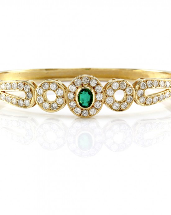 Emerald & Pave Diamond Halo Hinged Bangle Bracelet in 14K Yellow Gold