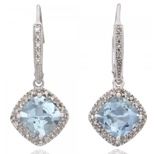 Square Aquamarine and Diamond Halo Drop Earrings