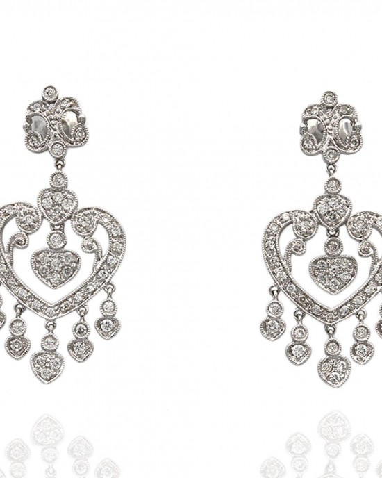 14KW Diamond, Heart Shape Chandelier Earrings