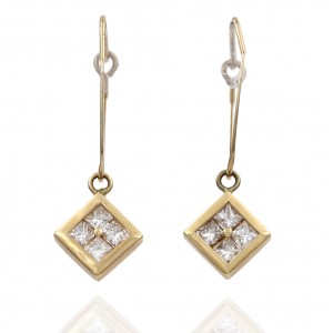 14KY Diamond Shape Princess Diamond Drop Earrings