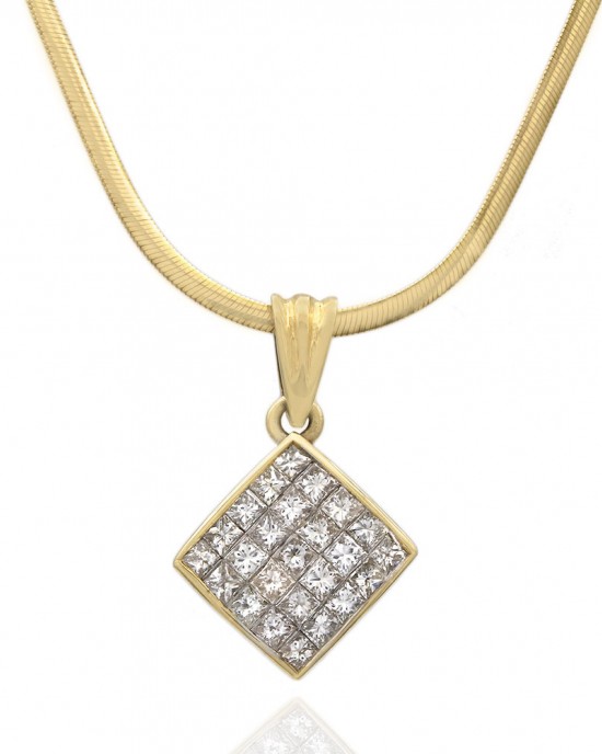 14KY Princess Diamond Pendant on Flat Snake Necklace