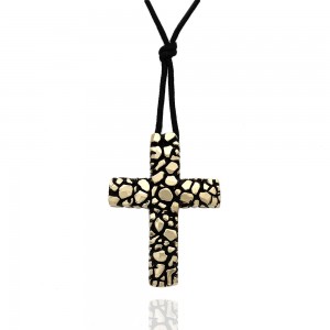 14KY Antiqued Nugget Style Cross on Cord Necklace