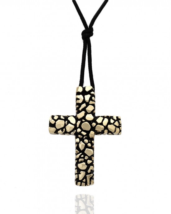 14KY Antiqued Nugget Style Cross on Cord Necklace