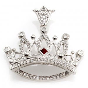 Designer Signed Queen Baby Ruby & Diamond Pave Crown Pendant 14K White Gold