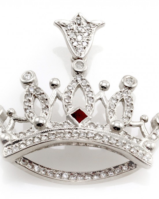 Designer Signed Queen Baby Ruby & Diamond Pave Crown Pendant 14K White Gold