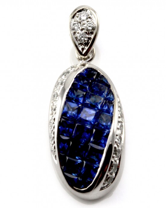 Blue Sapphire & Diamond Pendant in 18K White Gold