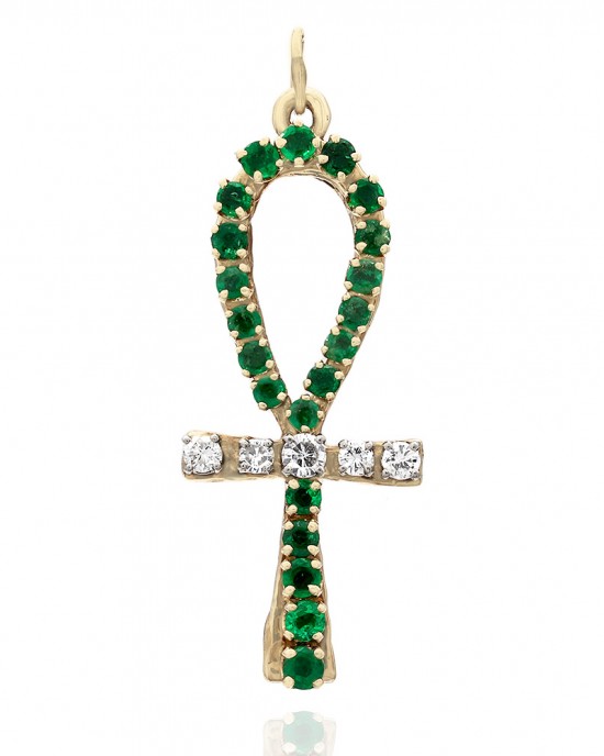 Ankh Cross with Emeralds and Diamonds in Gold