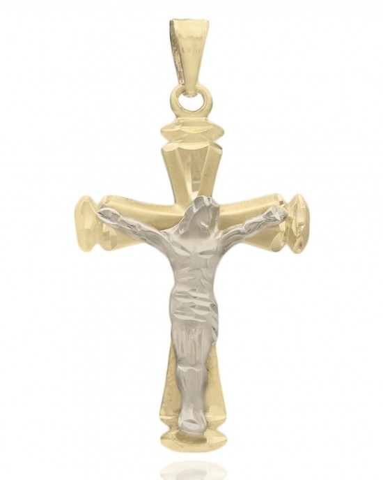 Bright Cut Crucifix Pendant in 2 Tones
