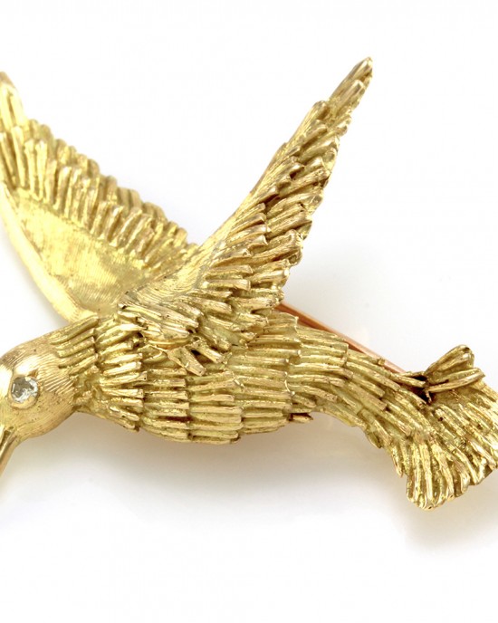 Vintage Hummingbird Brooch with Diamond Accent in 18K Yellow Gold