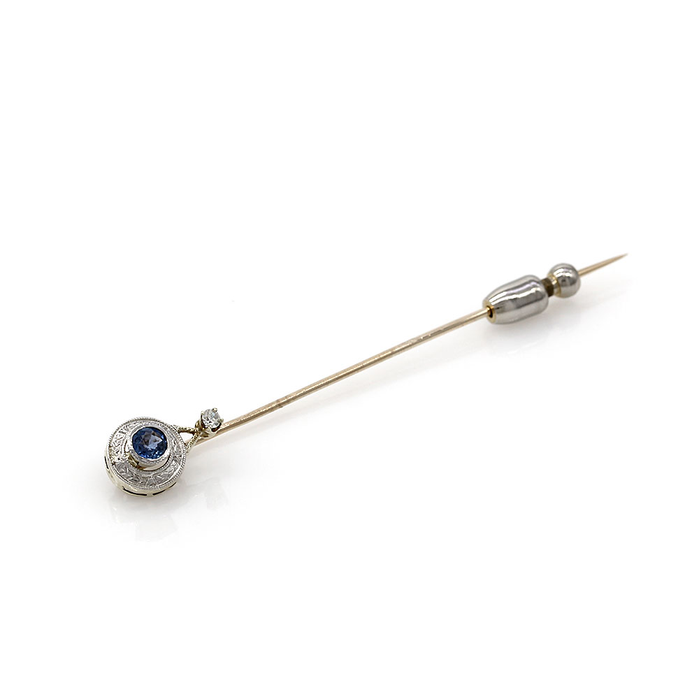 Art Deco Diamond Stick Pin w/ Lab Sapphire Accents