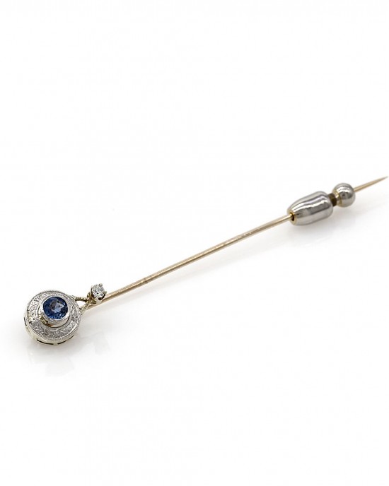 Antique Sapphire and Diamond Stick Pin in Gold and Platinum