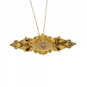 Antique Late Victorian Mourning Pin Brooch with Diamond Accent in Gold