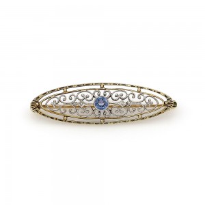 Antique Sapphire Filigree Gold and Platinum Pin