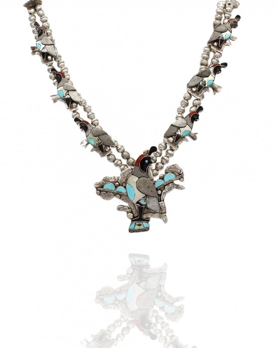 Zuni Deane Qualo Sterling Silver Multi-Stone Inlay Quail Squash Blossom Necklace