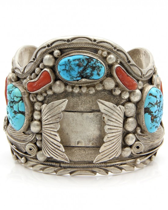Large Navajo Robert Nez Sterling Silver Turquoise & Coral Watch Cuff Bracelet