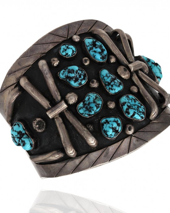 Large Navajo Sterling Silver & Gem Turquoise Cuff Bracelet
