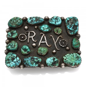 Navajo Sterling Silver & Turquoise -RAY- Belt Buckle