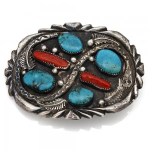Vintage Navajo Handmade Sterling Silver Turquosie Coral Snake Belt Buckle