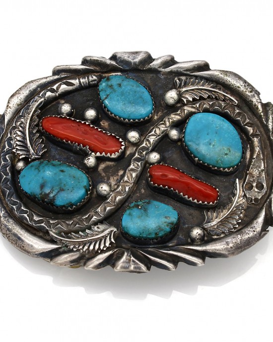Vintage Navajo Handmade Sterling Silver Turquosie Coral Snake Belt Buckle