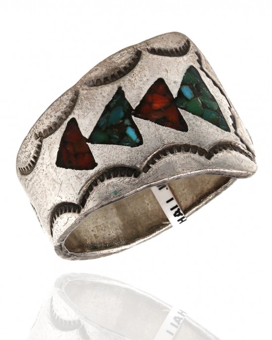 Navajo Signed PK Sterling Silver Chip Inlay Ring