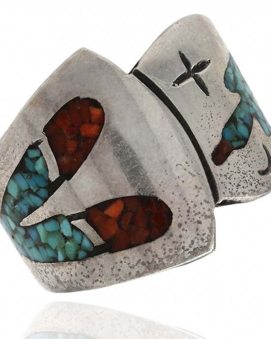 Navajo Tommy Singer Sterling Silver Turquoise & Coral Chip Inlay Ring