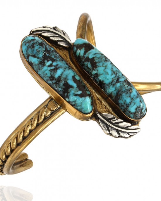 Jim Trueba Navajo Handmade Asymmetrical Bronze Turquoise Cuff Bracelet