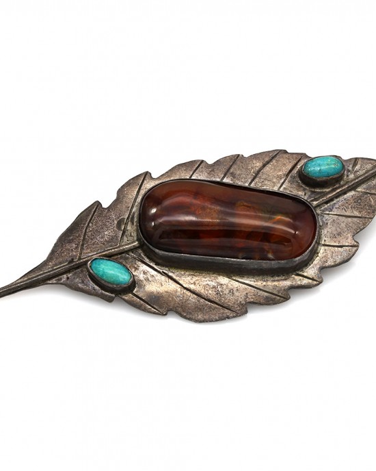 Vintage Navajo Handmade Sterling Silver Turquoise Fire Agate Leaf Pin
