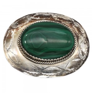 Navajo Sterling Silver Malachite Belt Buckle Signed JF