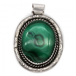 Large Navajo Handmade Solid Sterling Silver Oval Malachite Pendant Signed JF