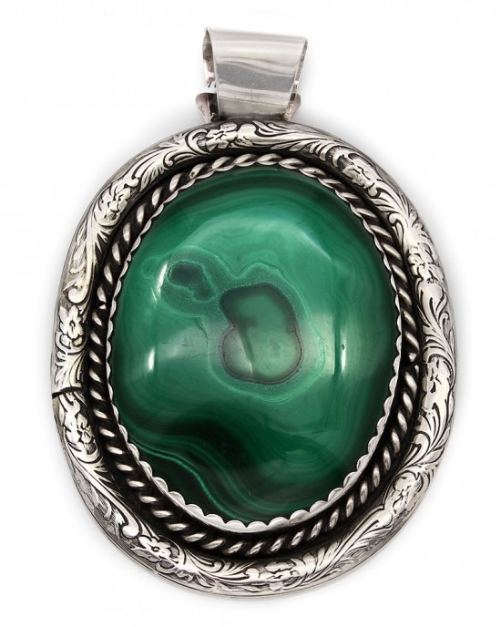 Large Navajo Handmade Solid Sterling Silver Oval Malachite Pendant Signed JF