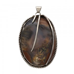 Large Vintage Navajo Handmade Sterling Silver Oval Agate Pendant