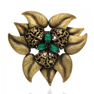 Joseff of Hollywood Large Flower Brooch with Green Rhinestones
