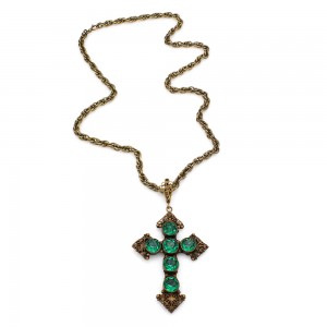 Joseff of Hollywood Cross Necklace with Green Rhinestones