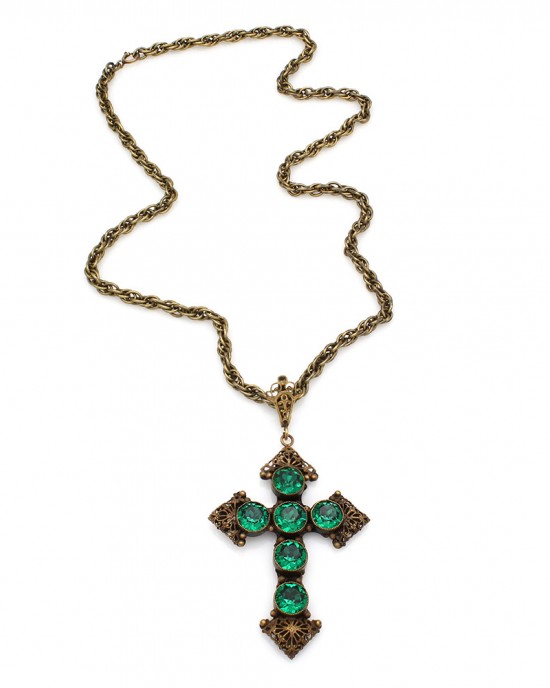 Joseff of Hollywood Cross Necklace with Green Rhinestones