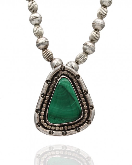 Navajo Handmade 925 Sterling Silver Malachite Bead Necklace Signed DW