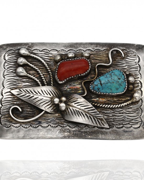 Vintage Navajo Handmade Sterling Silver Turquoise & Coral Belt Buckle