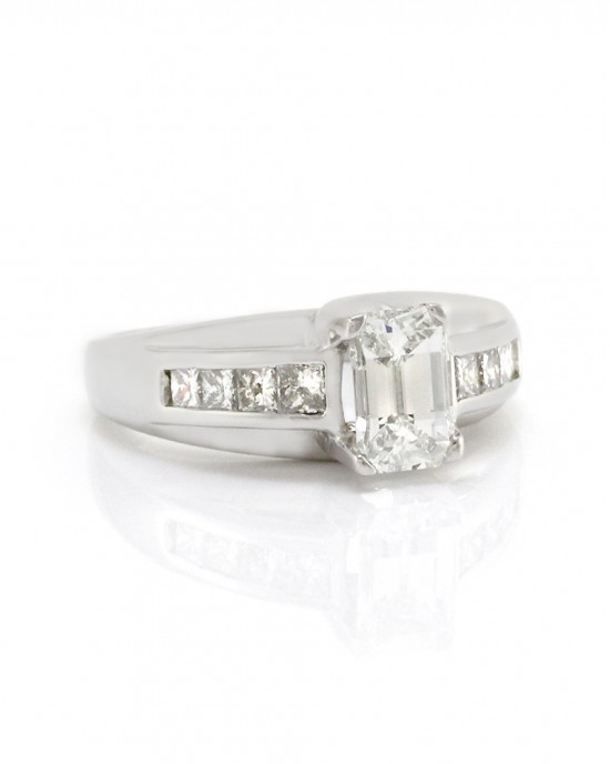 Emerald Cut Diamond Engagement Ring w/ Princess Diamond Accents in Platinum