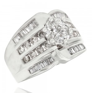 14KW Four Row Diamond Ring with Cluster Center
