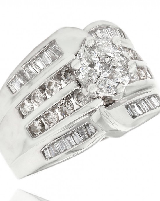 14KW Four Row Diamond Ring with Cluster Center