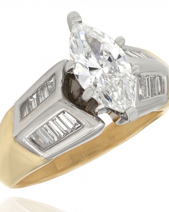 Channel Set Baguette Diamond Ring with 1.17ct Marquise Center Diamond in 18ktt