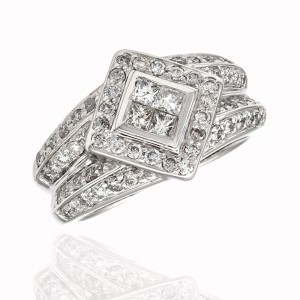 14KW 4 Row, Diamond Square Halo Ring