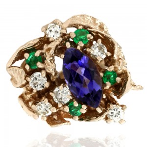 14K Free Form Ring with Iolite, Diamond and Emerald
