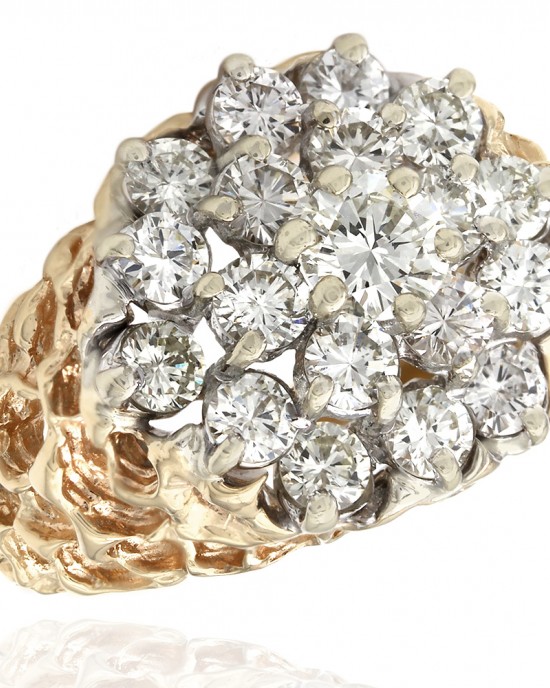 14K Two Tone Diamond Cluster Honeycomb Ring